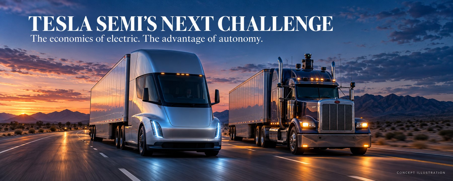 Concept illustration of Tesla Semi and an autonomous conventional truck